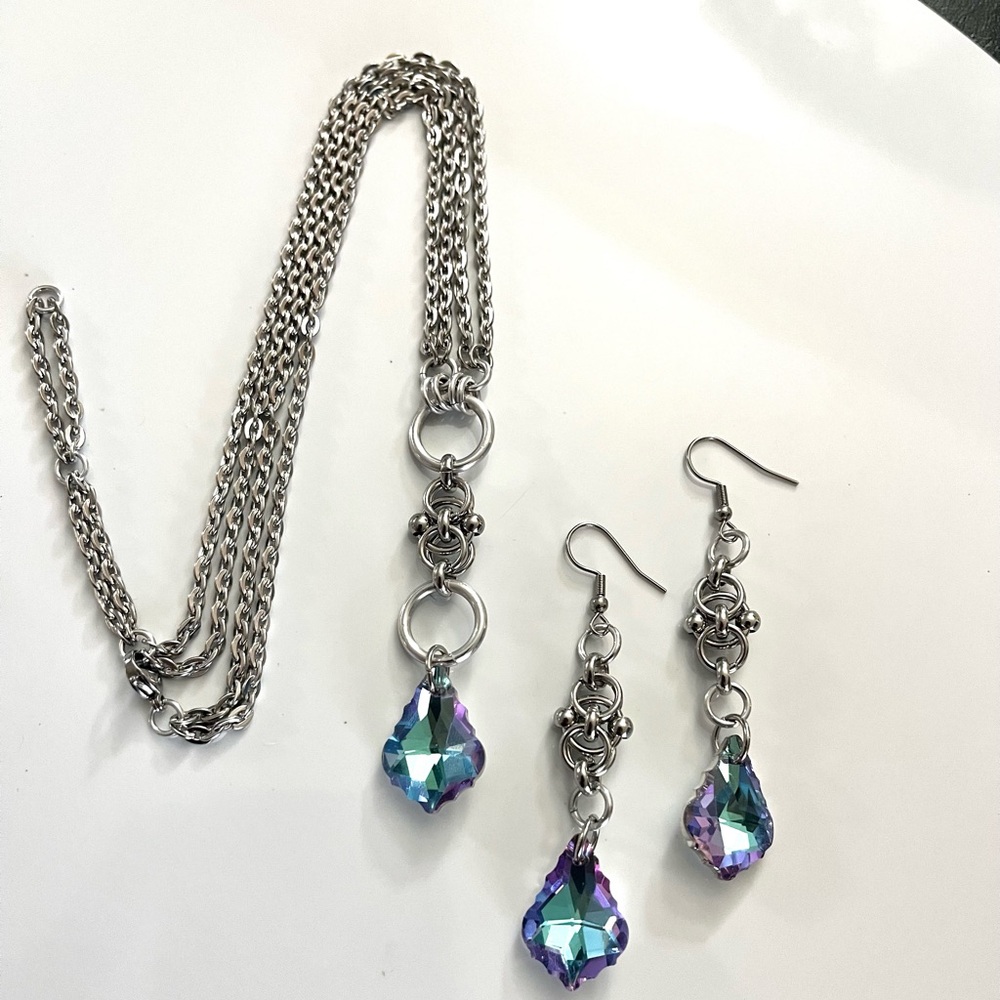 Handmade Blue purple iridescent rainbow austrian crystals maille celtic set - Picture 6 of 16
